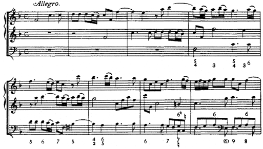 The excerpt is eight measures long and is written for three instruments using two treble clefs and a bass clef.
